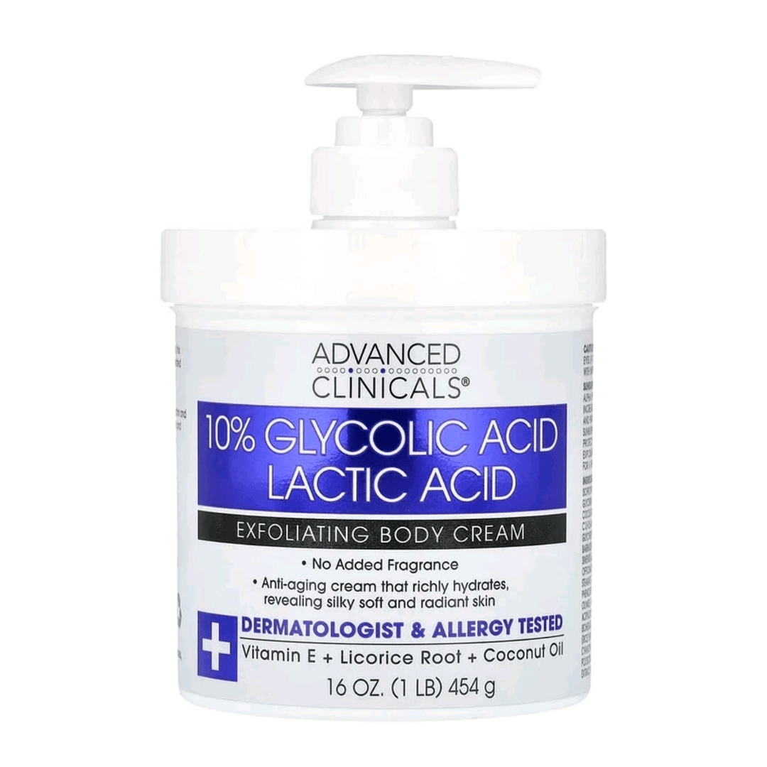 Advanced Clinicals 10% Glycolic Acid + Lactic Acid Exfoliating Body Cream 16 OZ. (1 LB) 454g